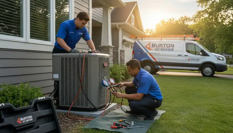 Professional AC repair technician servicing air conditioner unit in Flint MI home