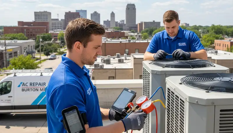 Professional AC repair technician servicing air conditioner unit in Flint MI home