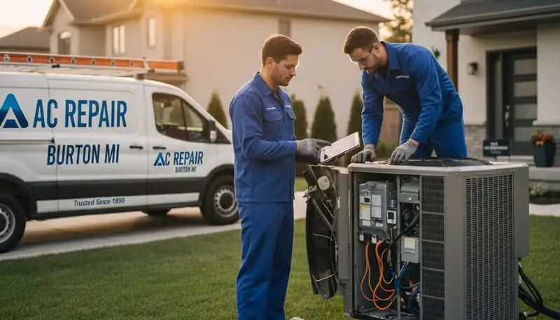 Professional AC repair technician servicing air conditioner unit in Flint, MI home