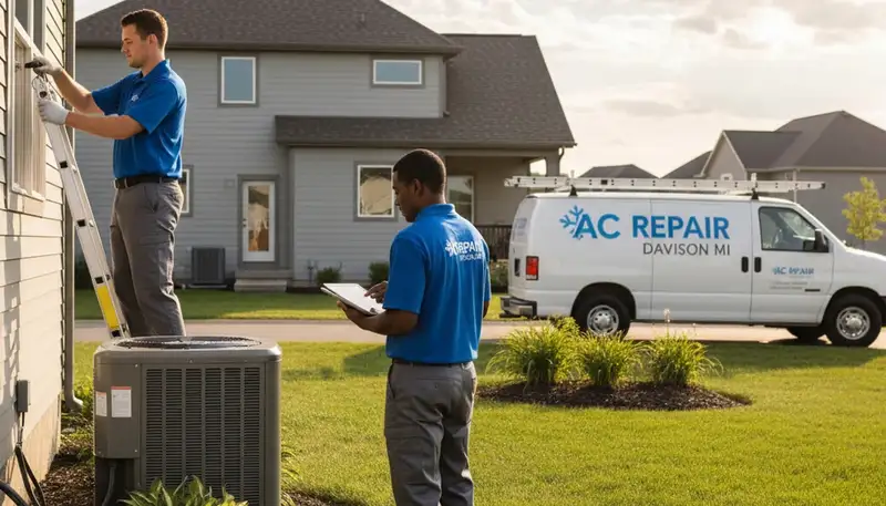 Professional AC repair technician servicing air conditioner unit in Flint MI home
