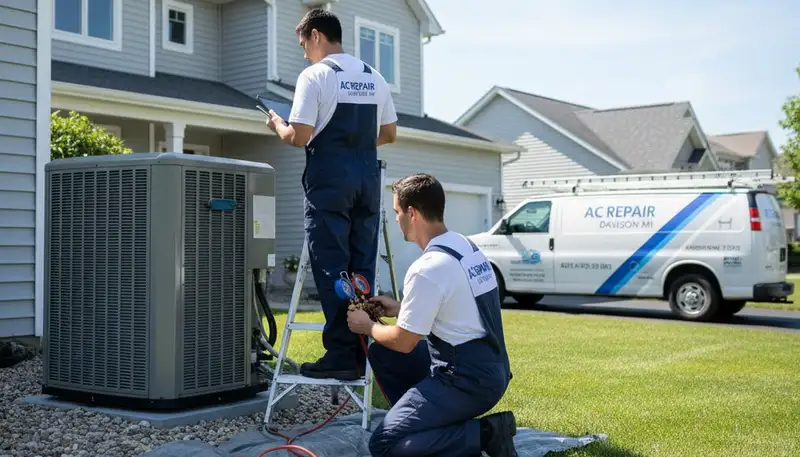 Professional AC repair technician servicing air conditioner in Flint MI home