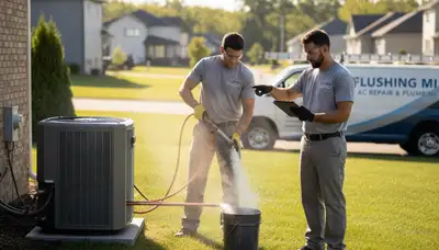 Professional AC repair technician servicing air conditioner unit in Flint, MI