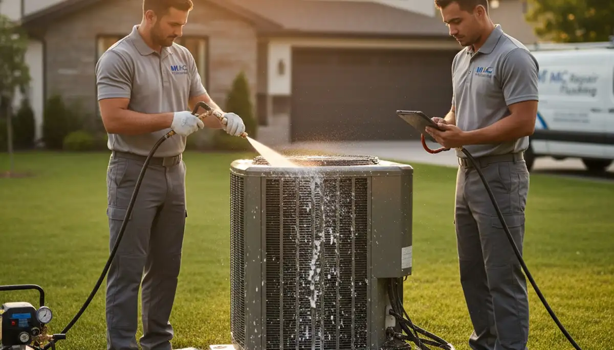 Professional AC repair technician servicing air conditioner unit in Flint, MI