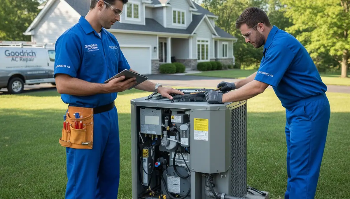 Professional AC repair service technician in Flint MI fixing home air conditioning unit