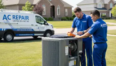 Professional AC repair technician servicing air conditioner in Flint MI home