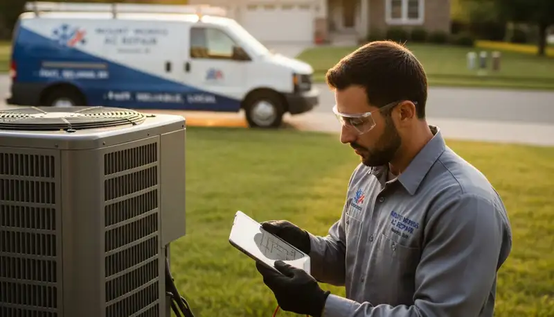 Professional AC repair technician servicing air conditioner unit in Flint MI home