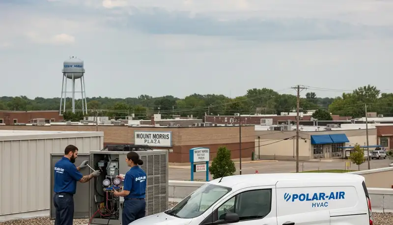 Professional AC repair technician servicing air conditioner unit in Flint MI home