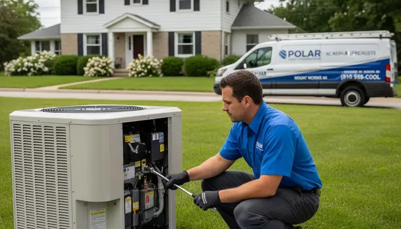 Professional AC repair technician servicing air conditioner unit in Flint, MI