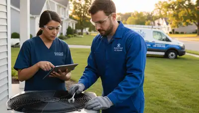 HVAC technician performing AC repair service in Flint MI home