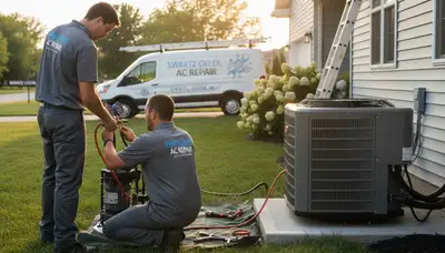 Professional AC repair technician servicing air conditioner unit in Flint MI home
