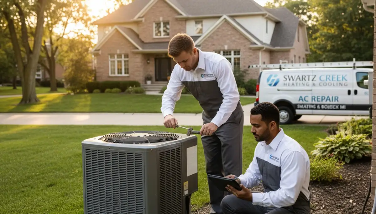 Professional AC repair technician servicing air conditioner unit in Flint MI home