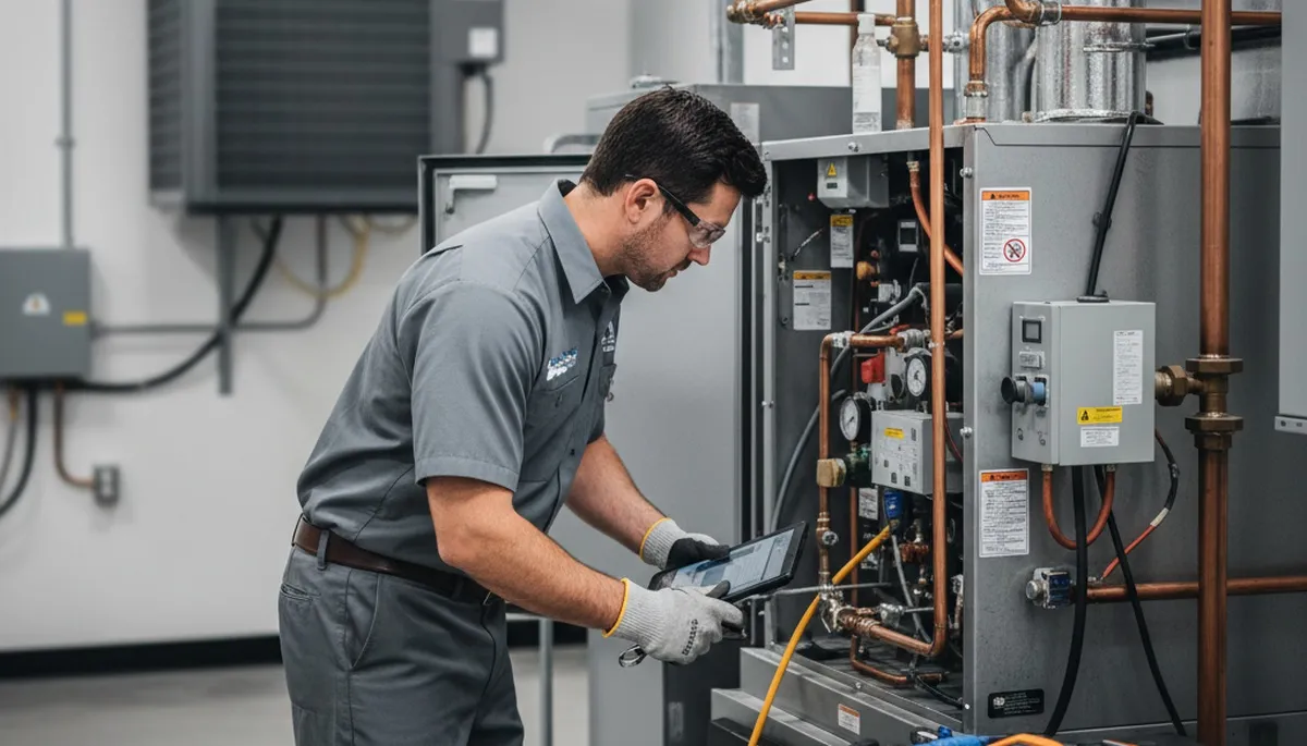 Technician performing boiler repair service in Flint, MI home for Five Star Cooling heating experts