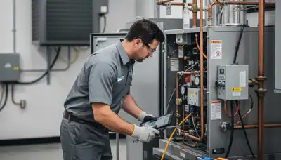 Technician performing boiler repair service in Flint, MI home for Five Star Cooling heating experts