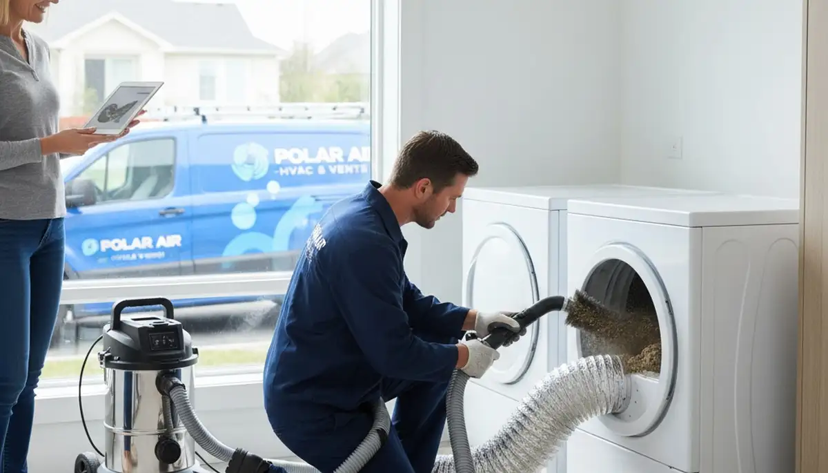 Technician cleaning dryer vent for improved airflow and safety in Flint, MI home