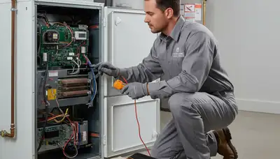 HVAC technician repairing residential furnace unit in Flint, MI for Five Star Cooling