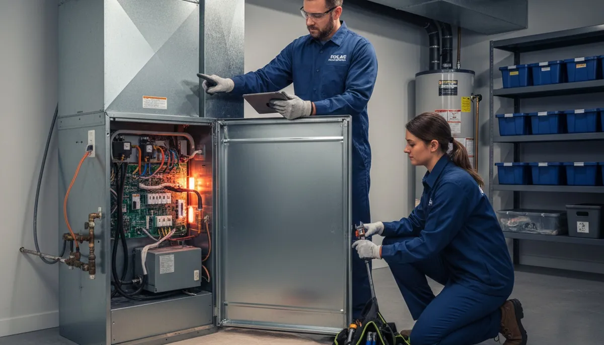 Technician performing furnace repair service in Flint, MI home for Five Star Cooling
