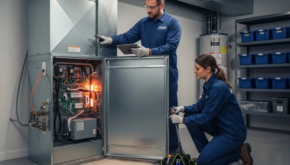 Technician performing furnace repair service in Flint, MI home for Five Star Cooling