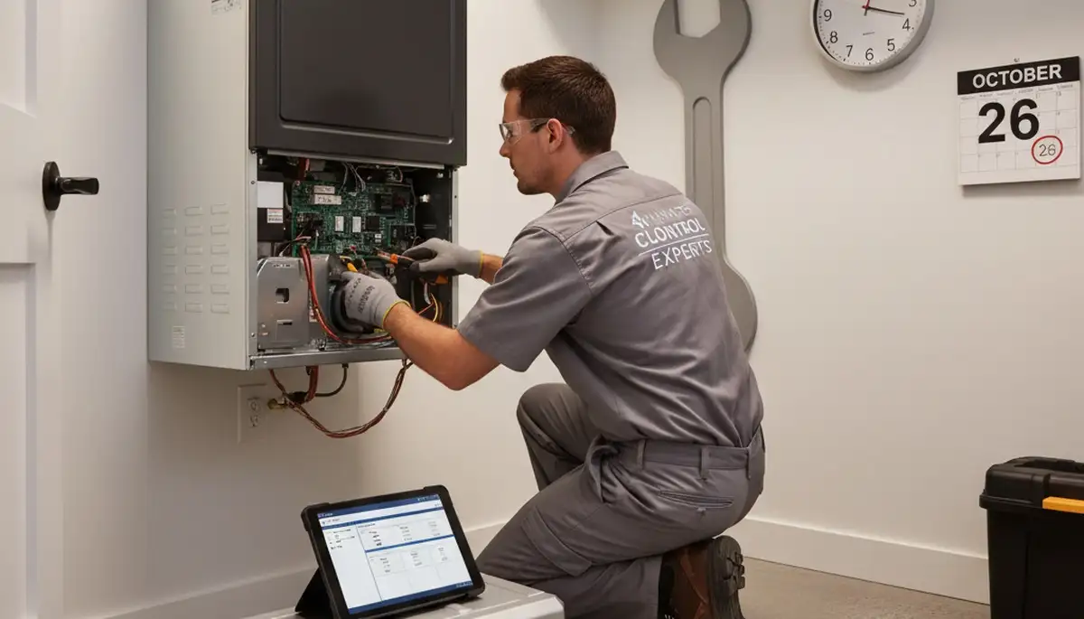 Technician repairing home furnace system in Flint, MI for Five Star Cooling heating repair service