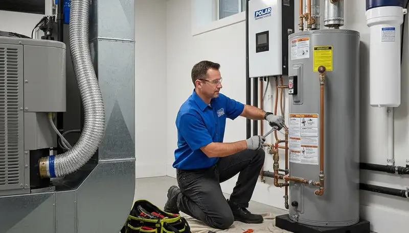 Licensed plumber repairing pipes and water heater in Flint, MI home by Five Star Cooling