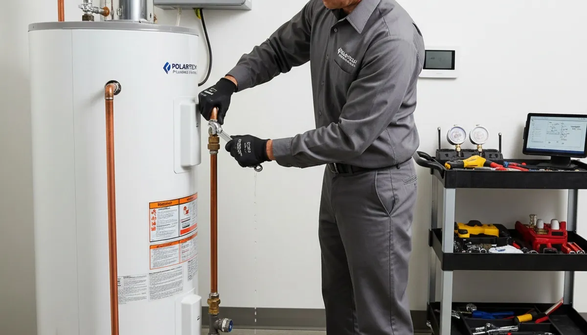 Technician repairing residential water heater in Flint MI home by Five Star Cooling