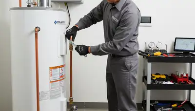 Technician repairing residential water heater in Flint MI home by Five Star Cooling