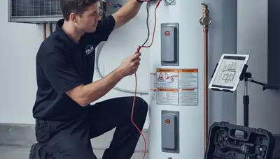 Technician performing water heater repair service in Flint, MI home for Five Star Cooling