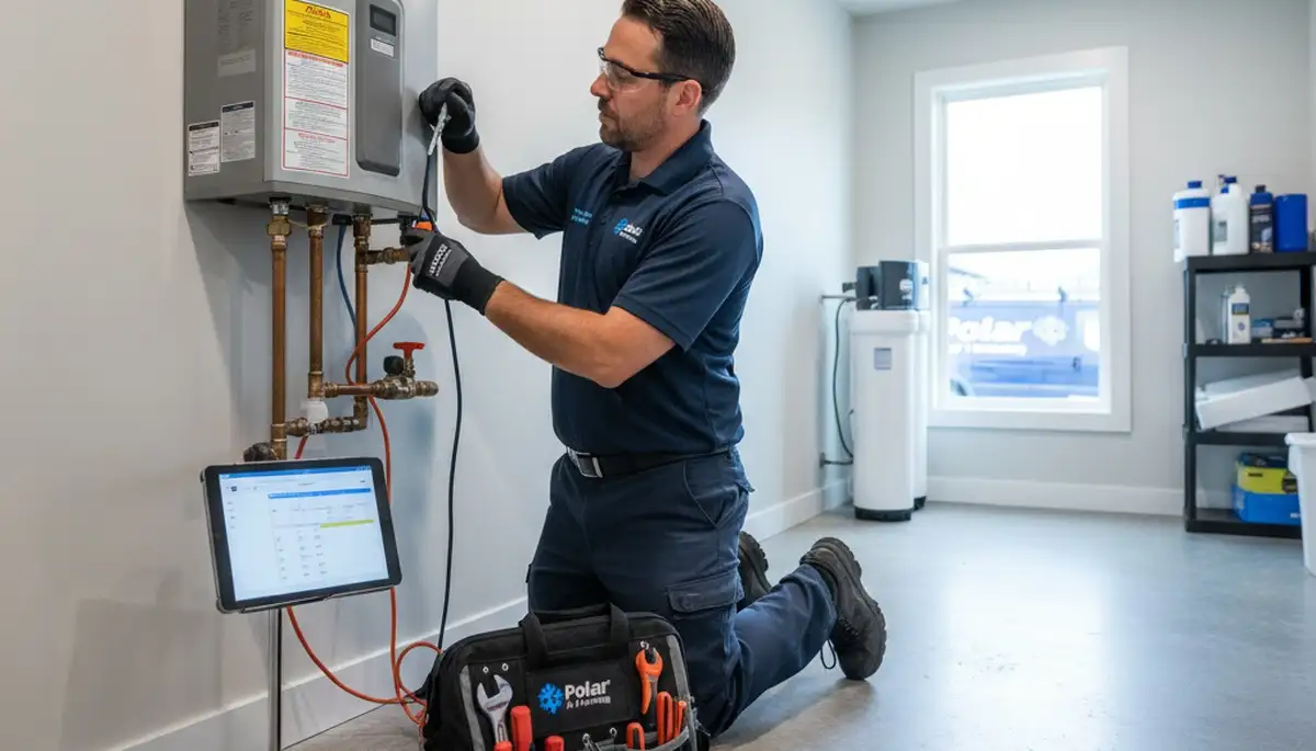 Technician repairing residential water heater in Flint, MI for Five Star Cooling repair service